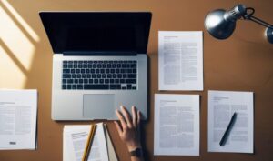 Computador portátil, mano, papeles y lápiz