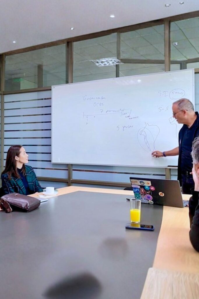 Personas conversando junto a pizarra